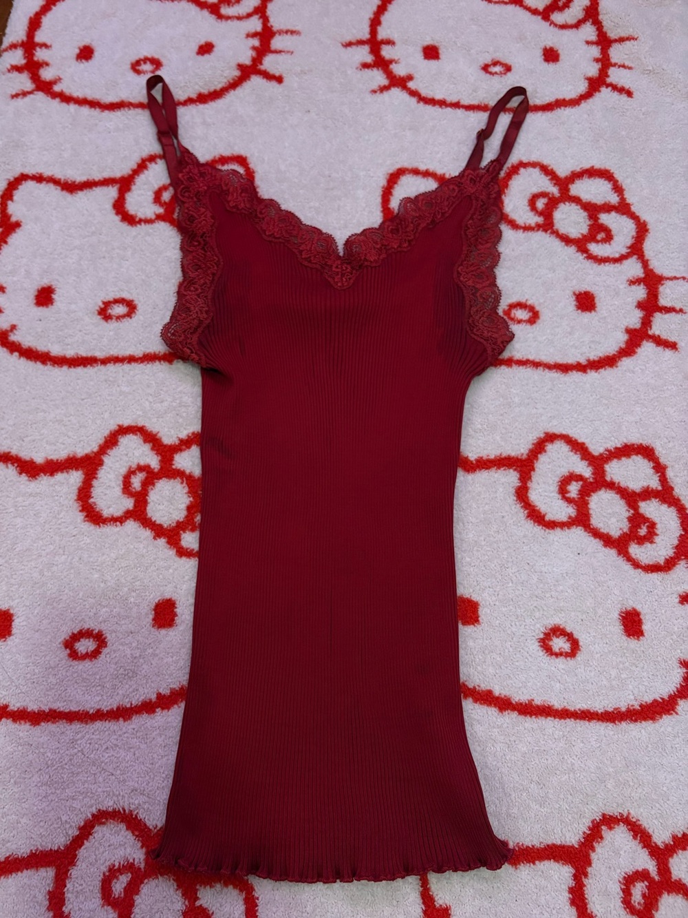 BCBGMaxAzria Ribbed Lace-Trim Cami in Deep Red